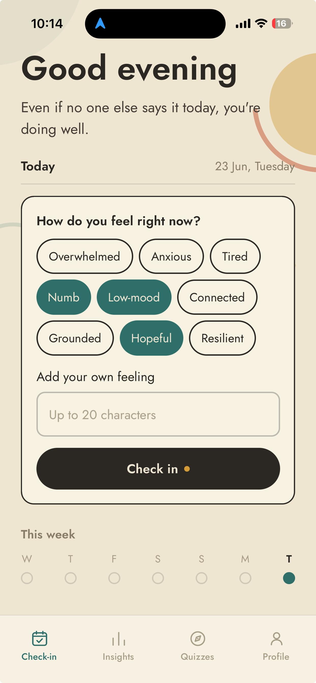 Bamboo daily check-in asking how you feel right now with selectable feeling chips