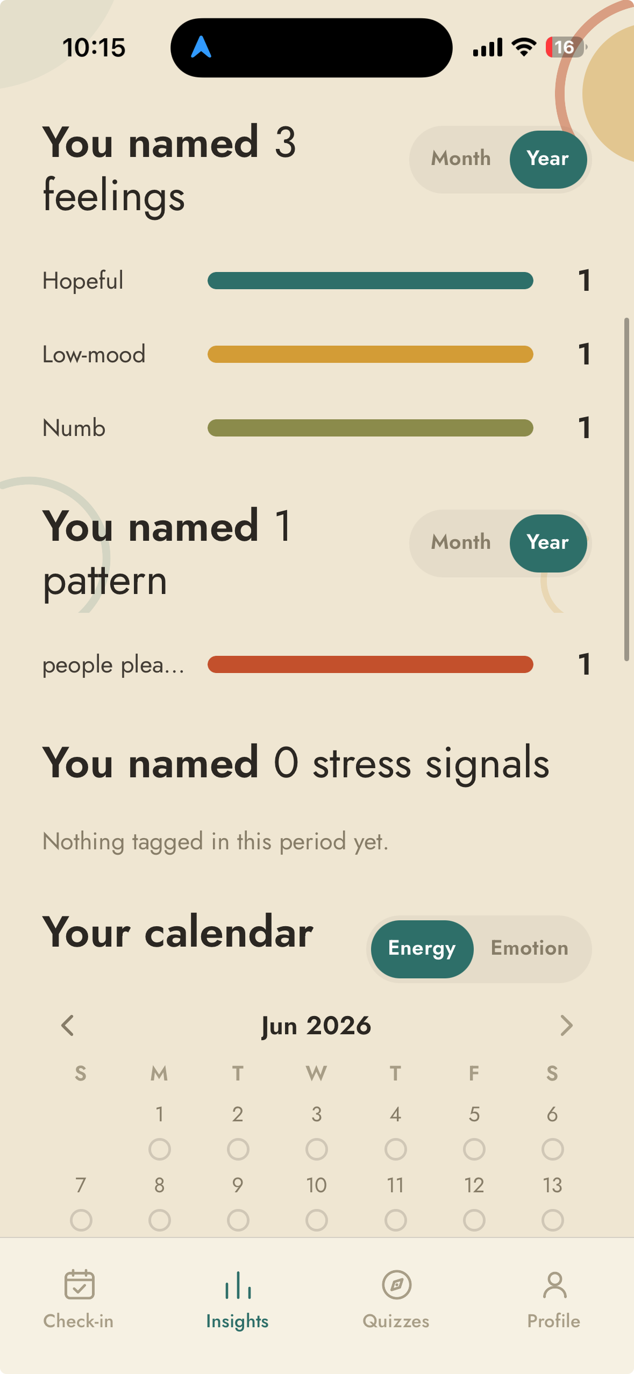 Bamboo insights screen showing named feelings, patterns and a monthly calendar