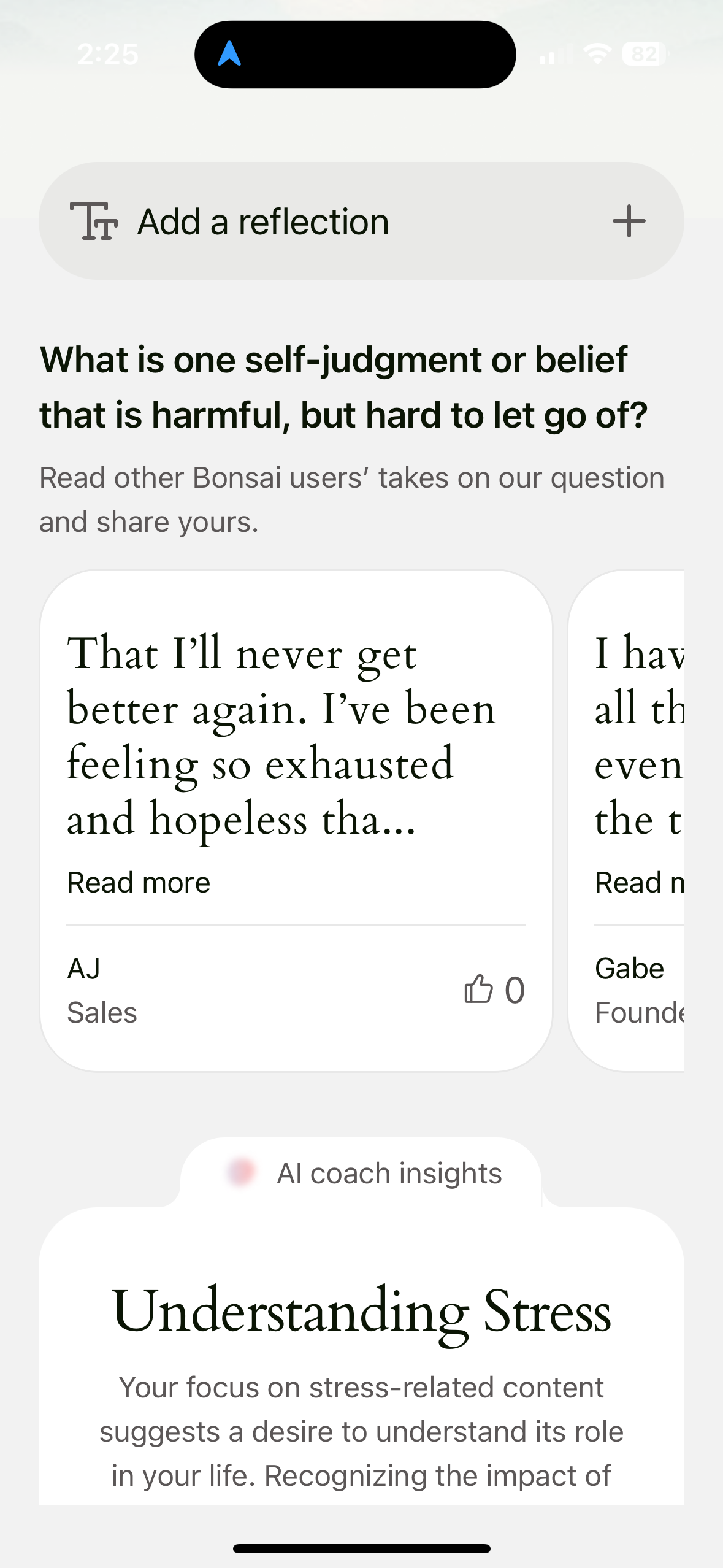 Bonsai reflection screen with a prompt, other users' reflections and AI coach insights