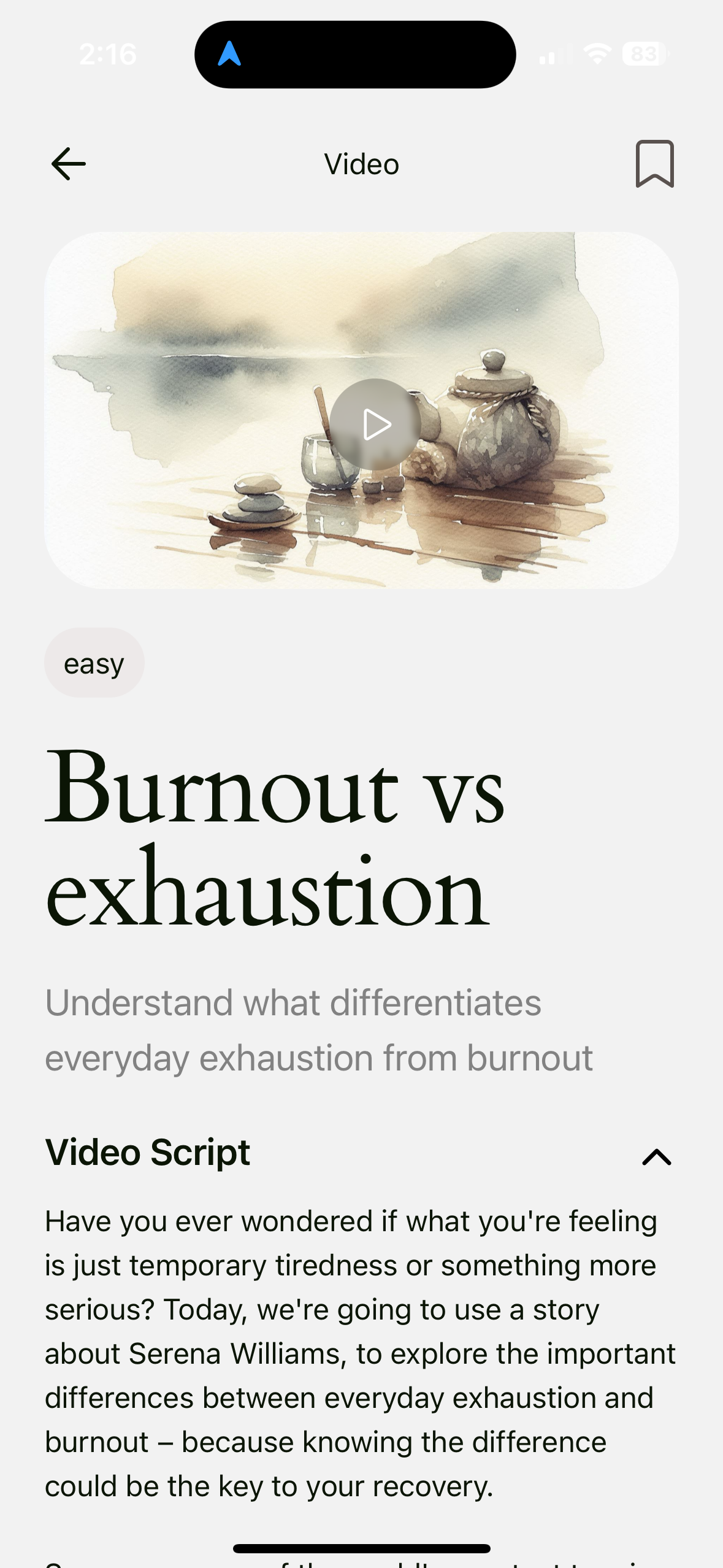 Bonsai lesson video on burnout versus exhaustion with a script below