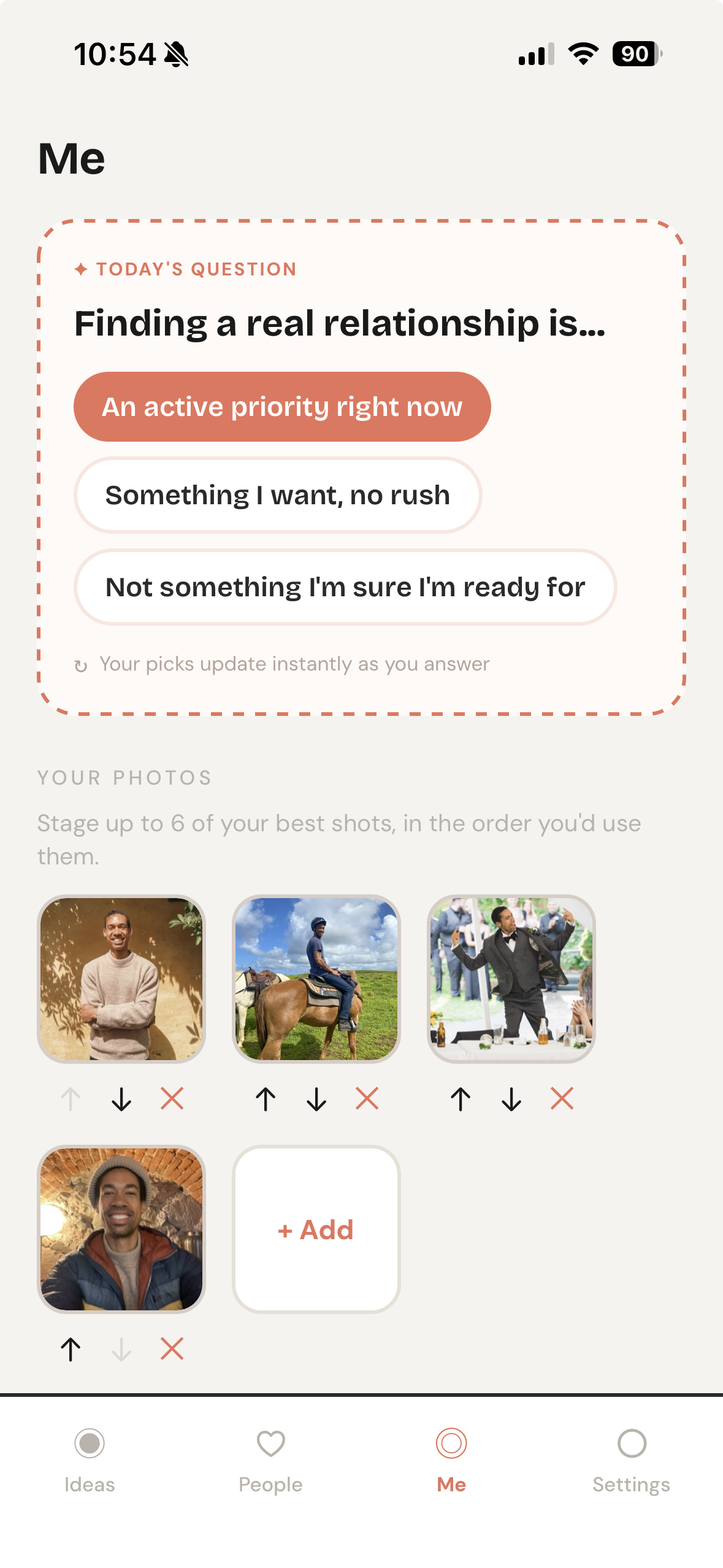 Darama Me screen with a daily relationship question and a photo grid