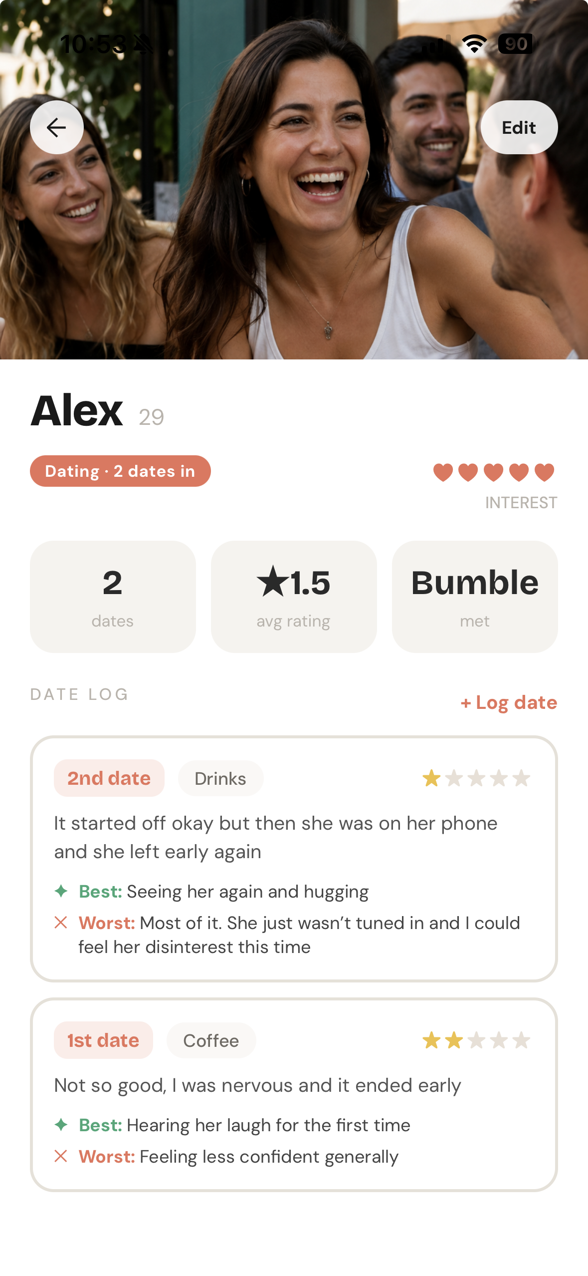Darama date log detail for Alex showing two logged dates with best and worst notes