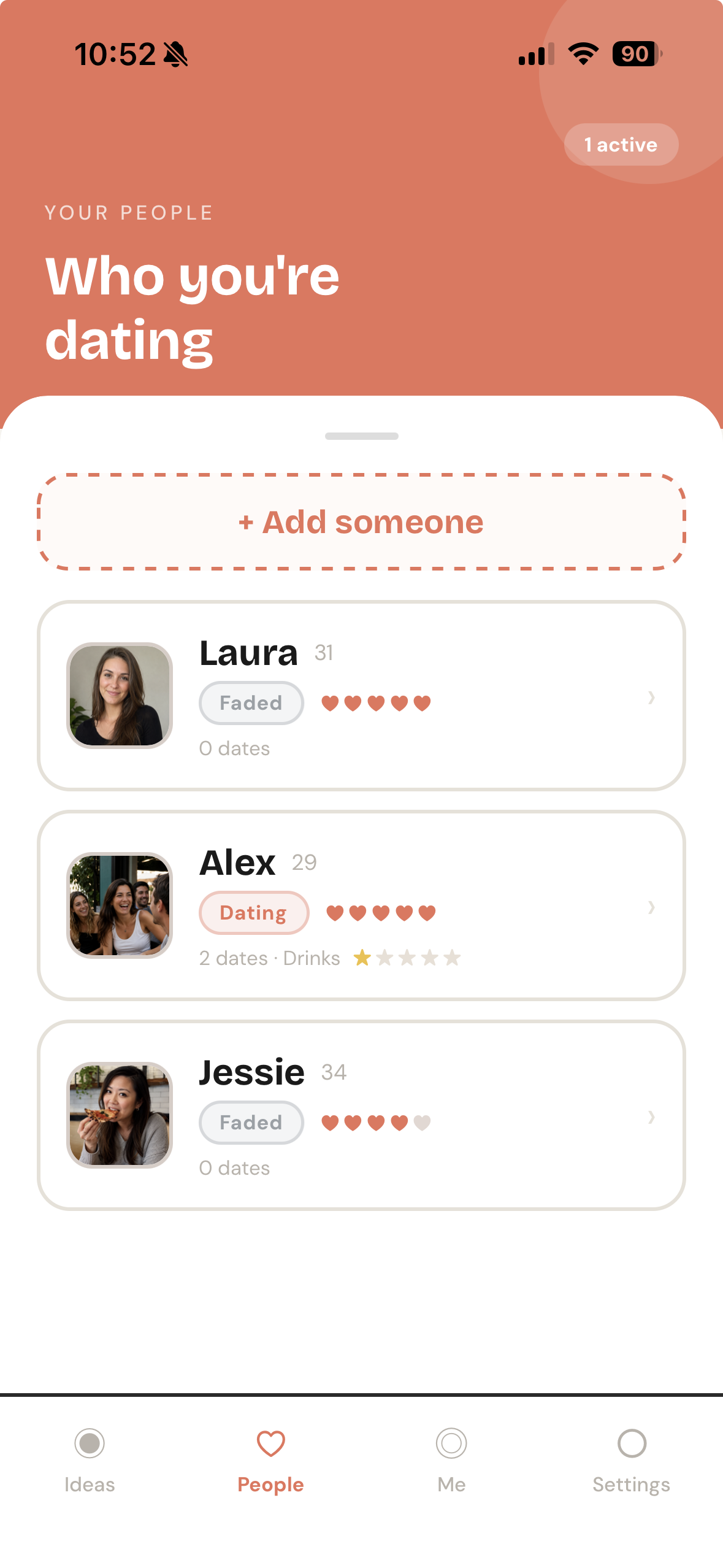 Darama People screen listing who you are dating with status tags and interest ratings