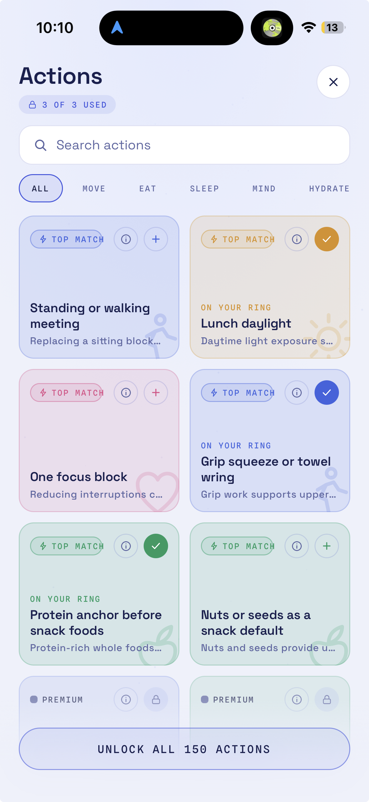 Elba actions library with habit hacks across move, eat, sleep and mind