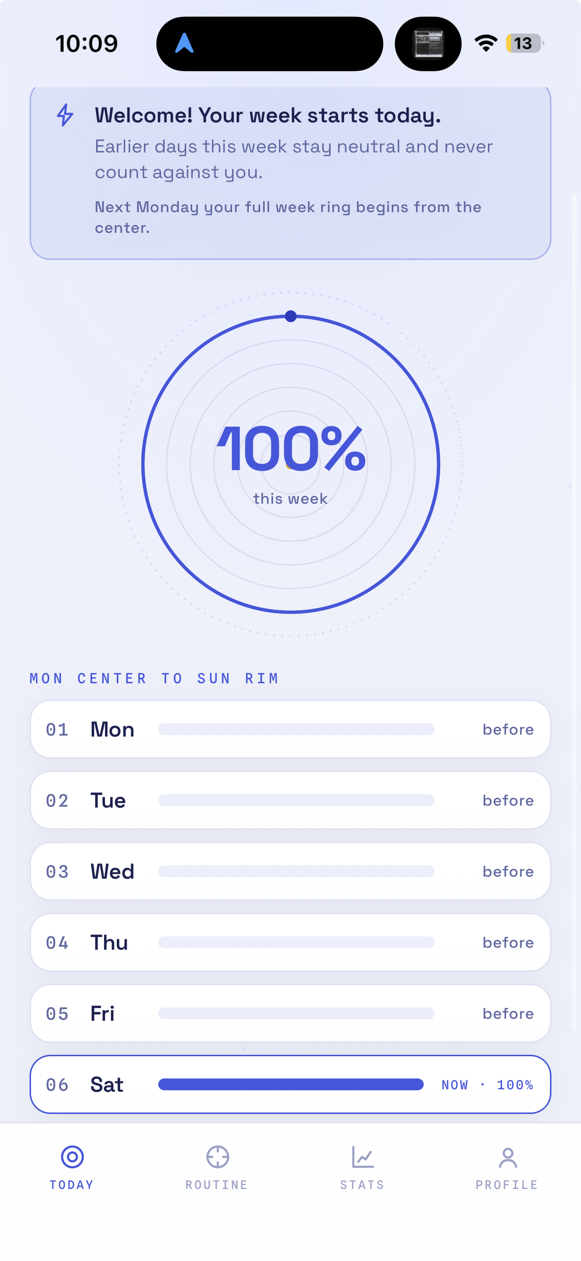 Elba weekly view showing this week at 100 percent with each day listed