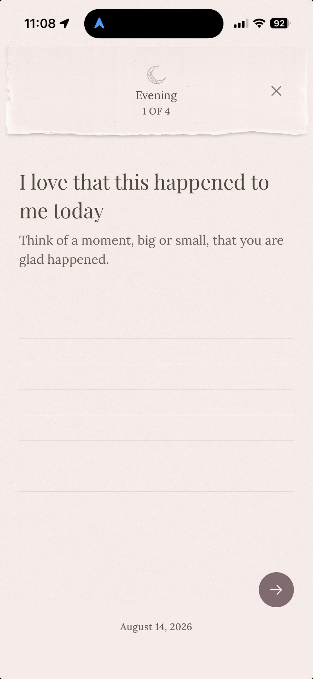 Five Minute Journal evening reflection prompt, I love that this happened to me today, with room to write