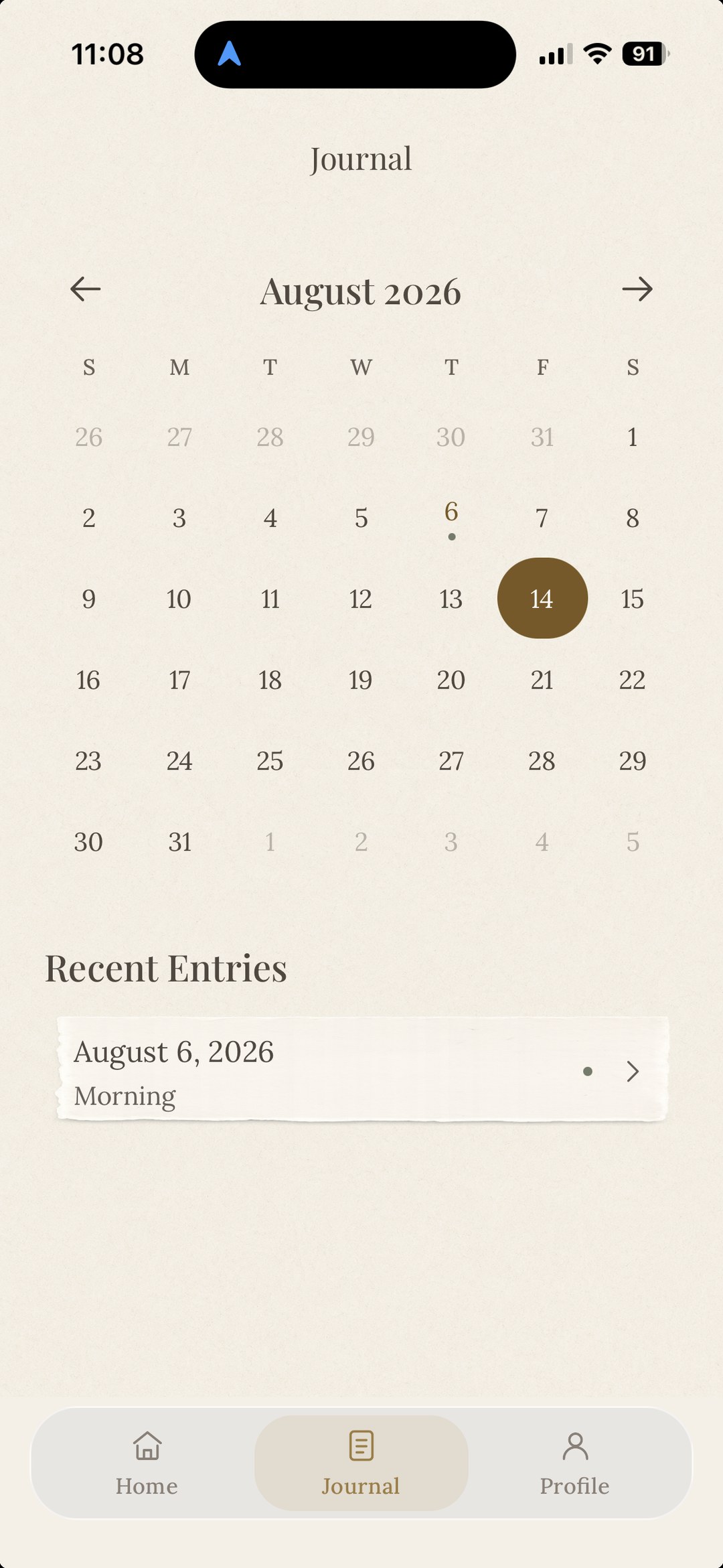 Five Minute Journal calendar for August with recent entries listed below