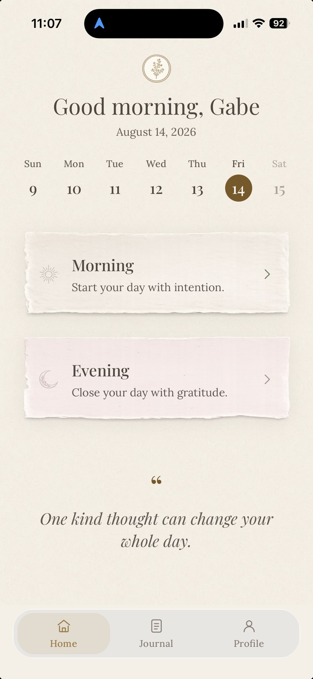 Five Minute Journal home greeting the reader by name with a week strip and cards for the morning and evening reflection