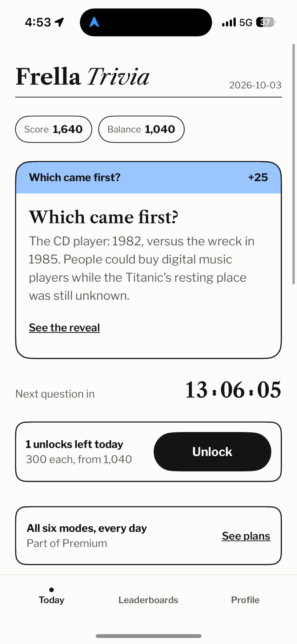 Frella Trivia Today screen with a daily question result, earned points and the next-question countdown