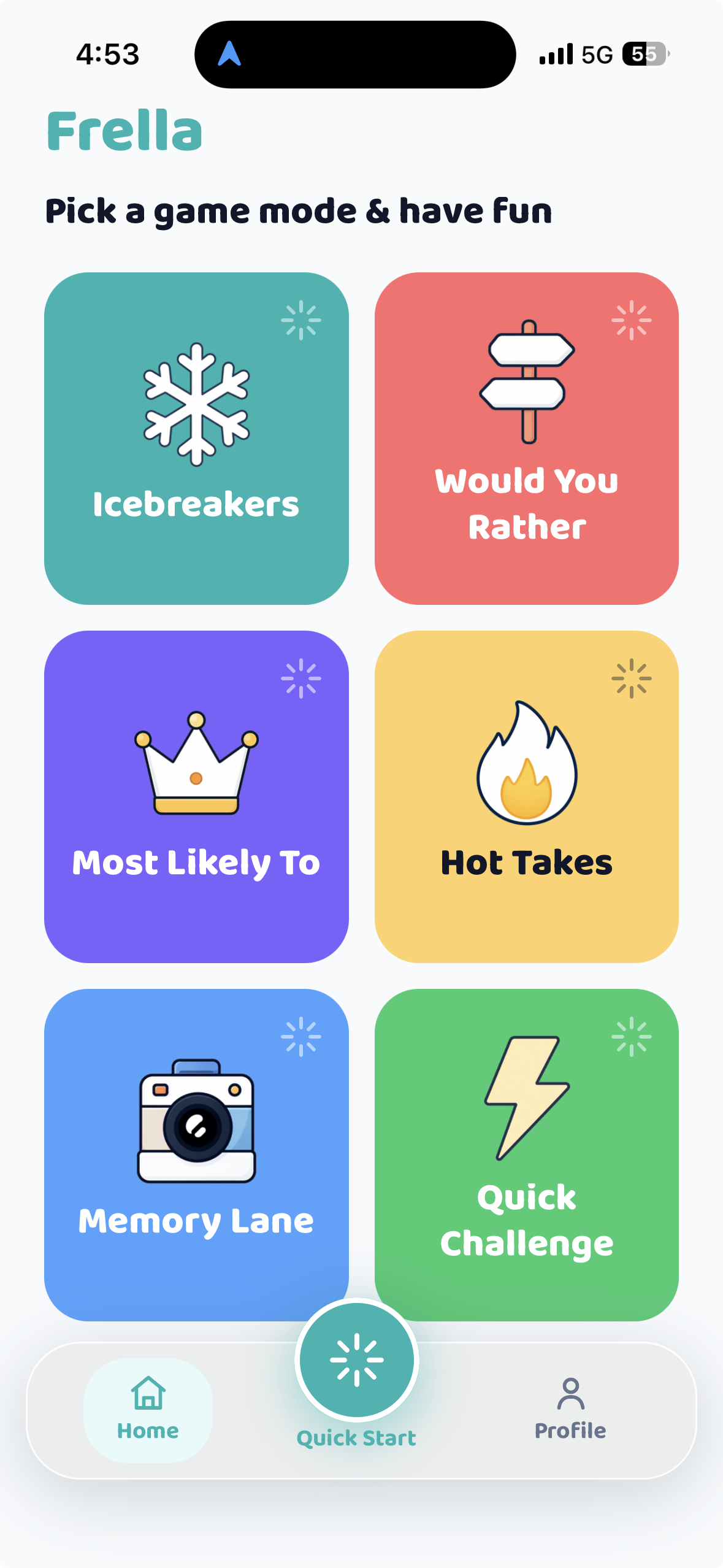 Frella home screen with a grid of party game modes to pick from