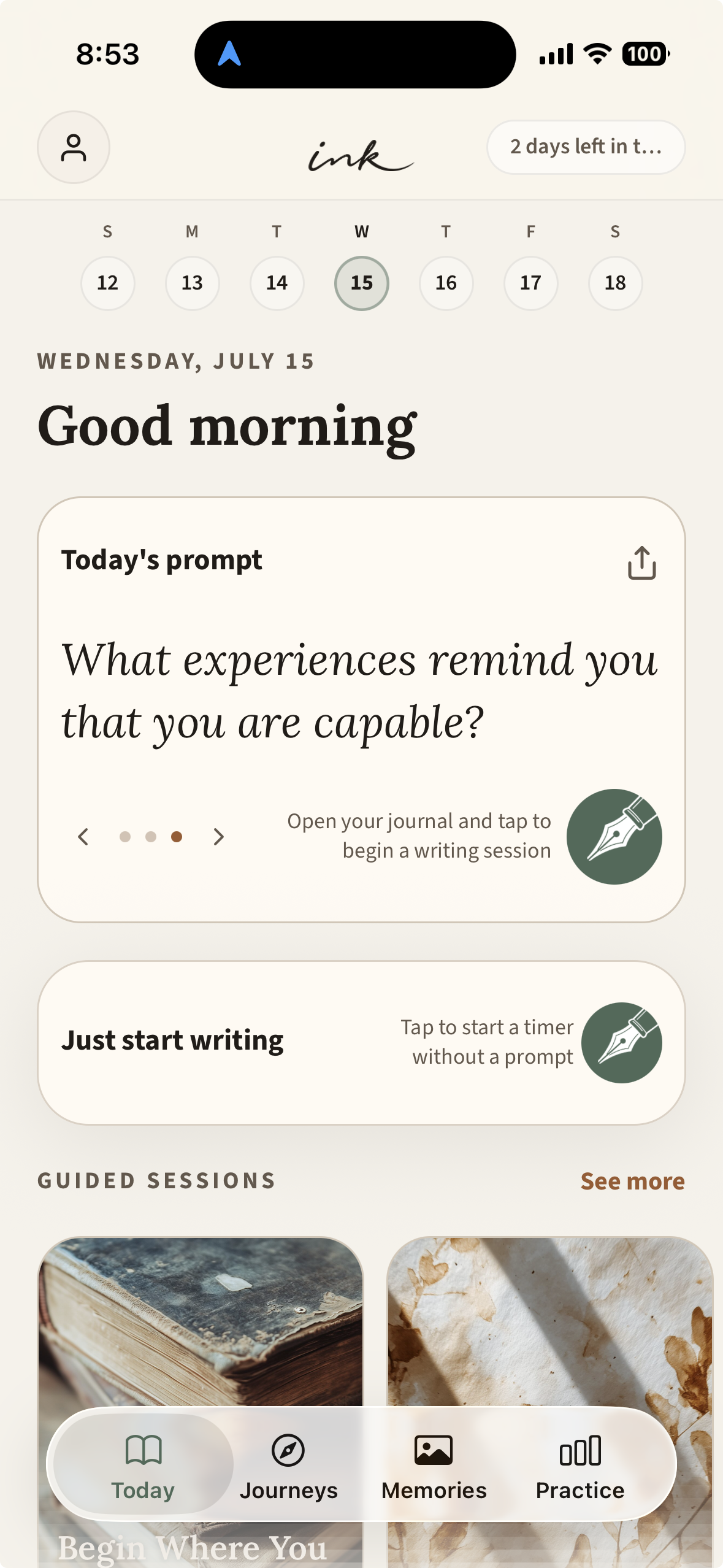 Ink home screen with a daily journaling prompt