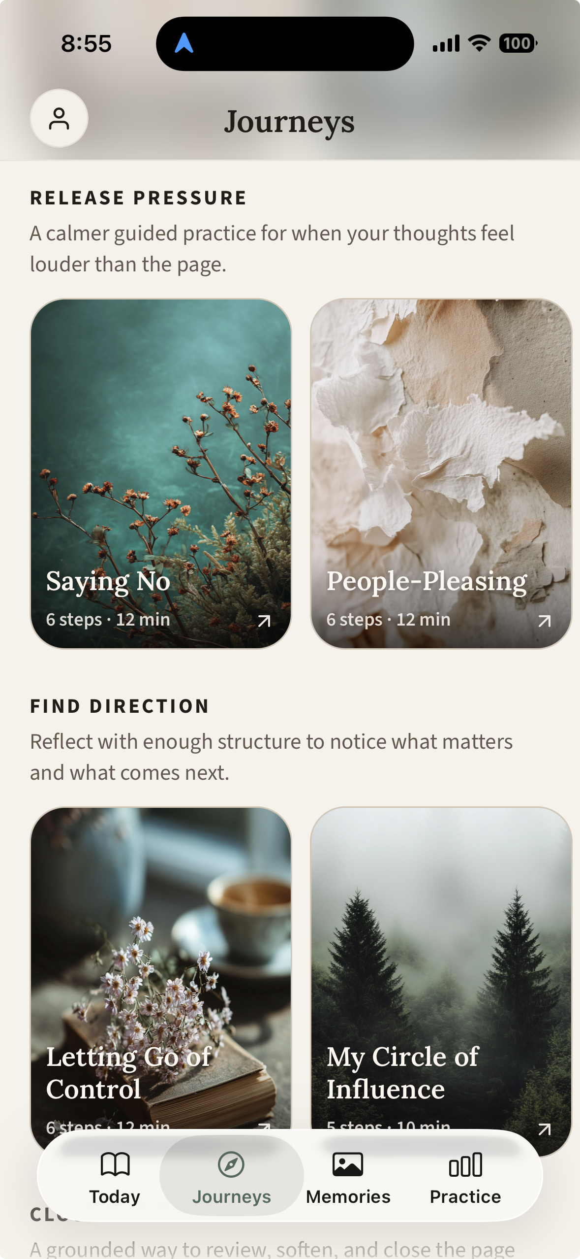 Ink journeys screen with guided sessions