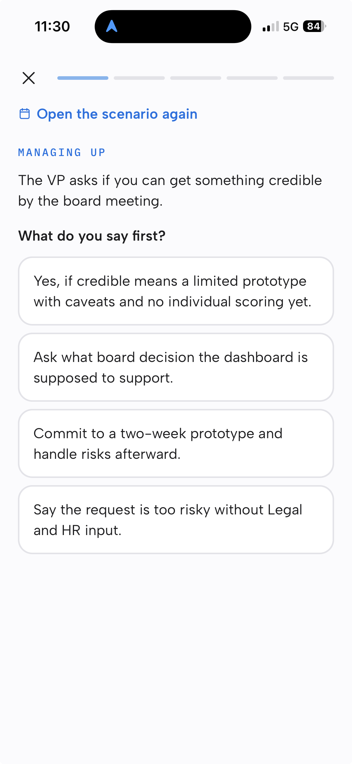 Lapom recap screen showing a Managing Up scenario with four answer options