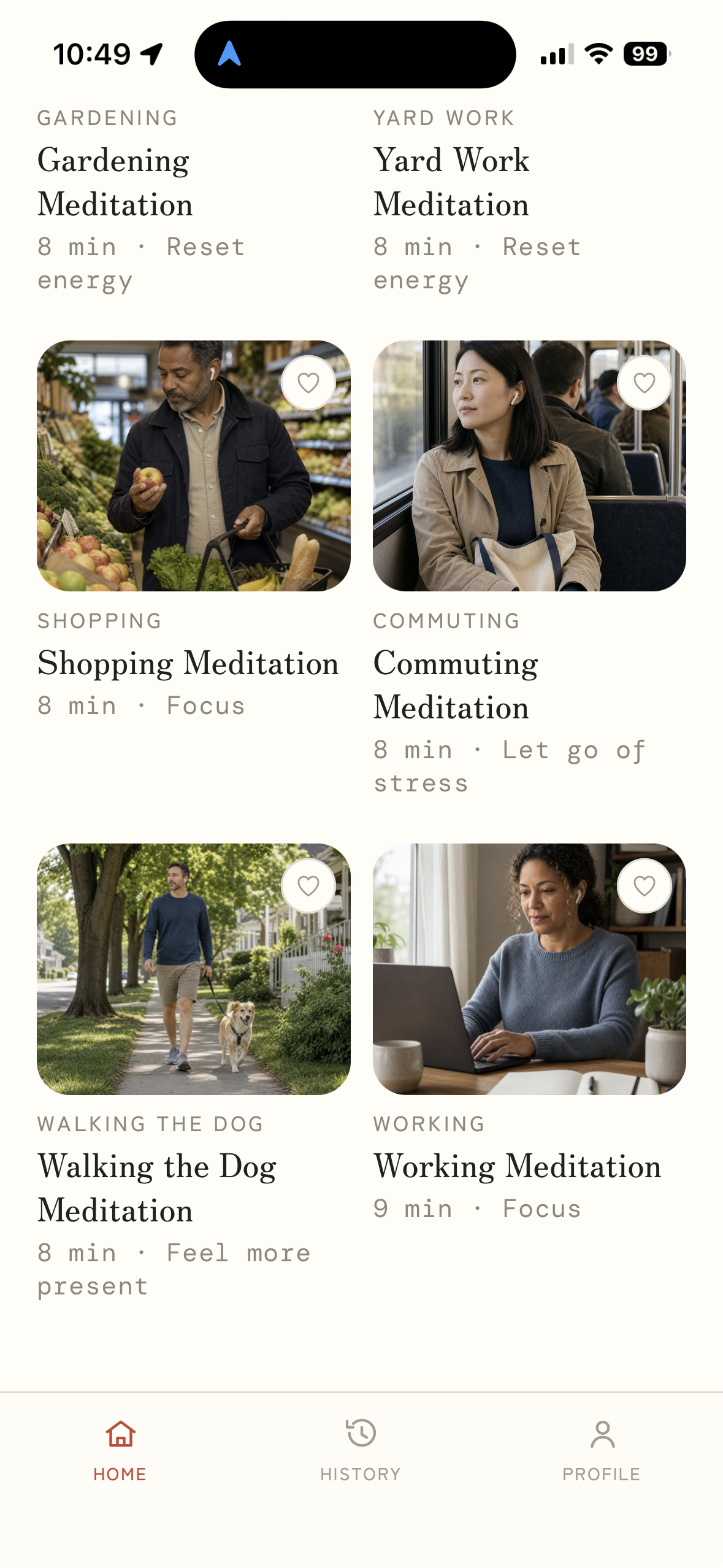 Modono home grid showing meditations for gardening, yard work, shopping, commuting, walking the dog and working