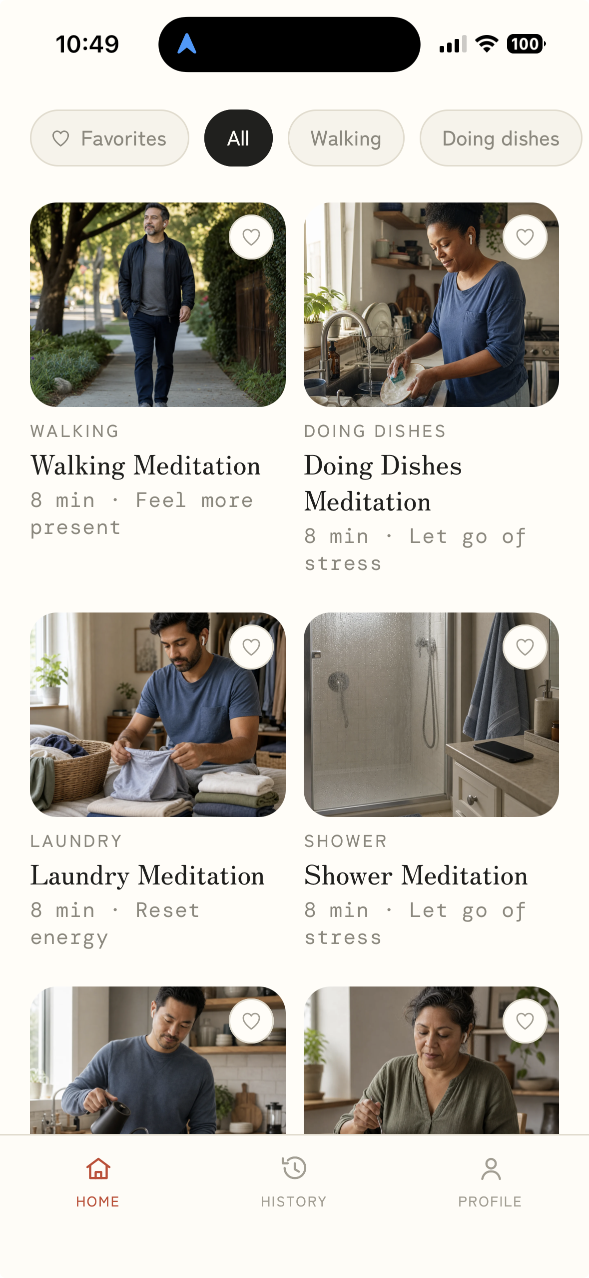 Modono home screen with activity filters and a grid of guided meditations for walking, doing dishes, laundry and showering