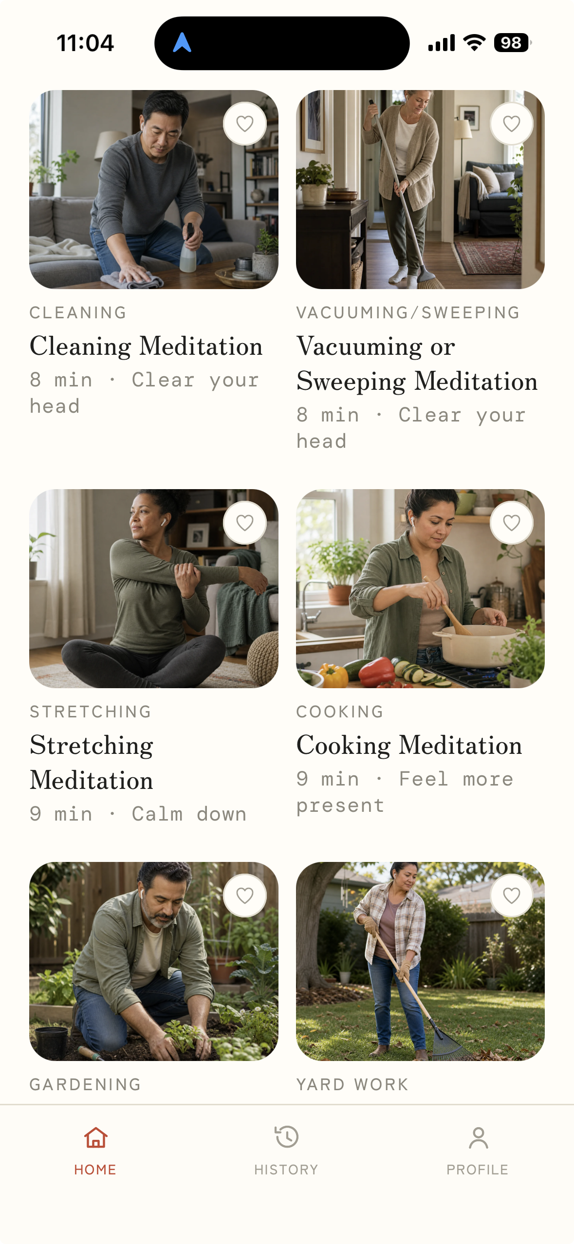 Modono home grid showing meditations for cleaning, vacuuming, stretching, cooking, gardening and yard work