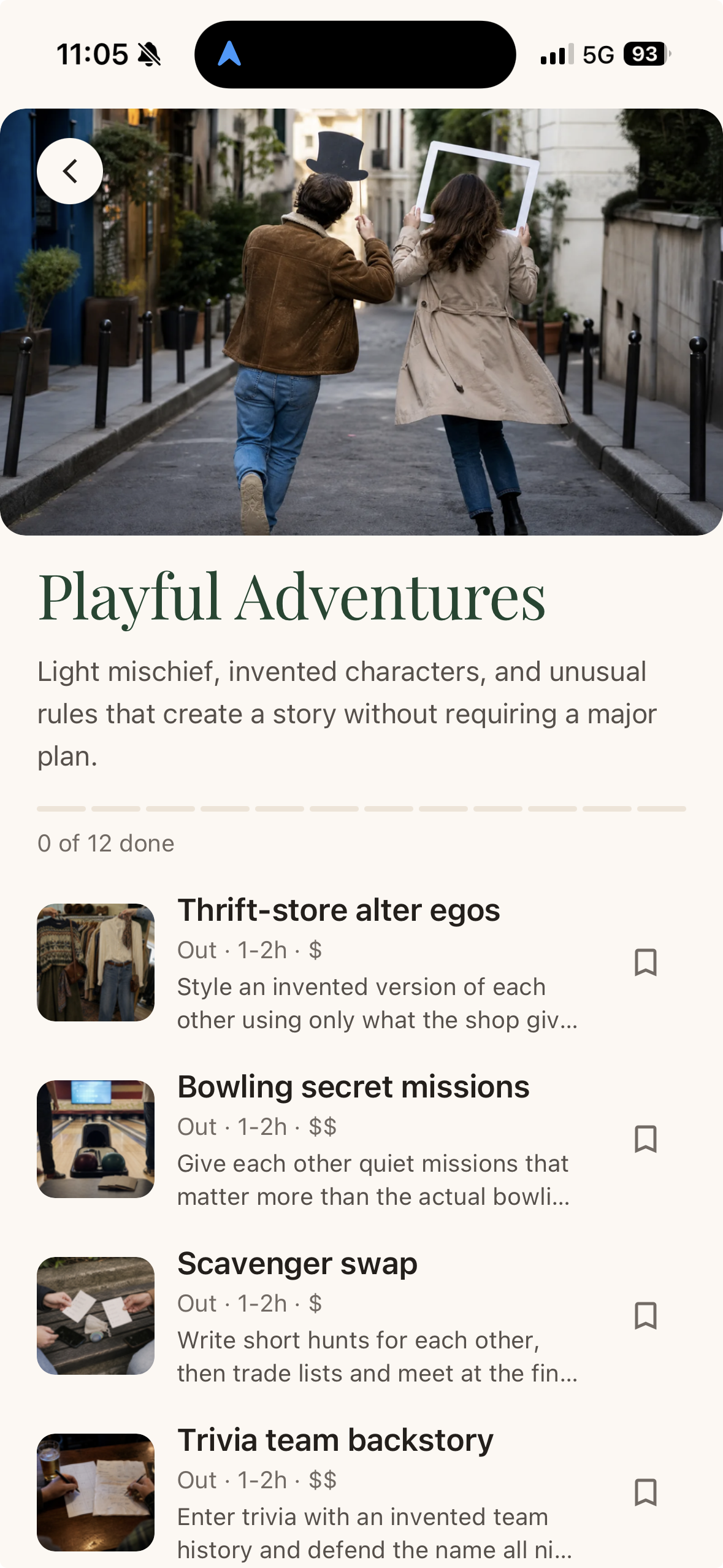 Togella Dates collection screen showing a themed set of date ideas to work through