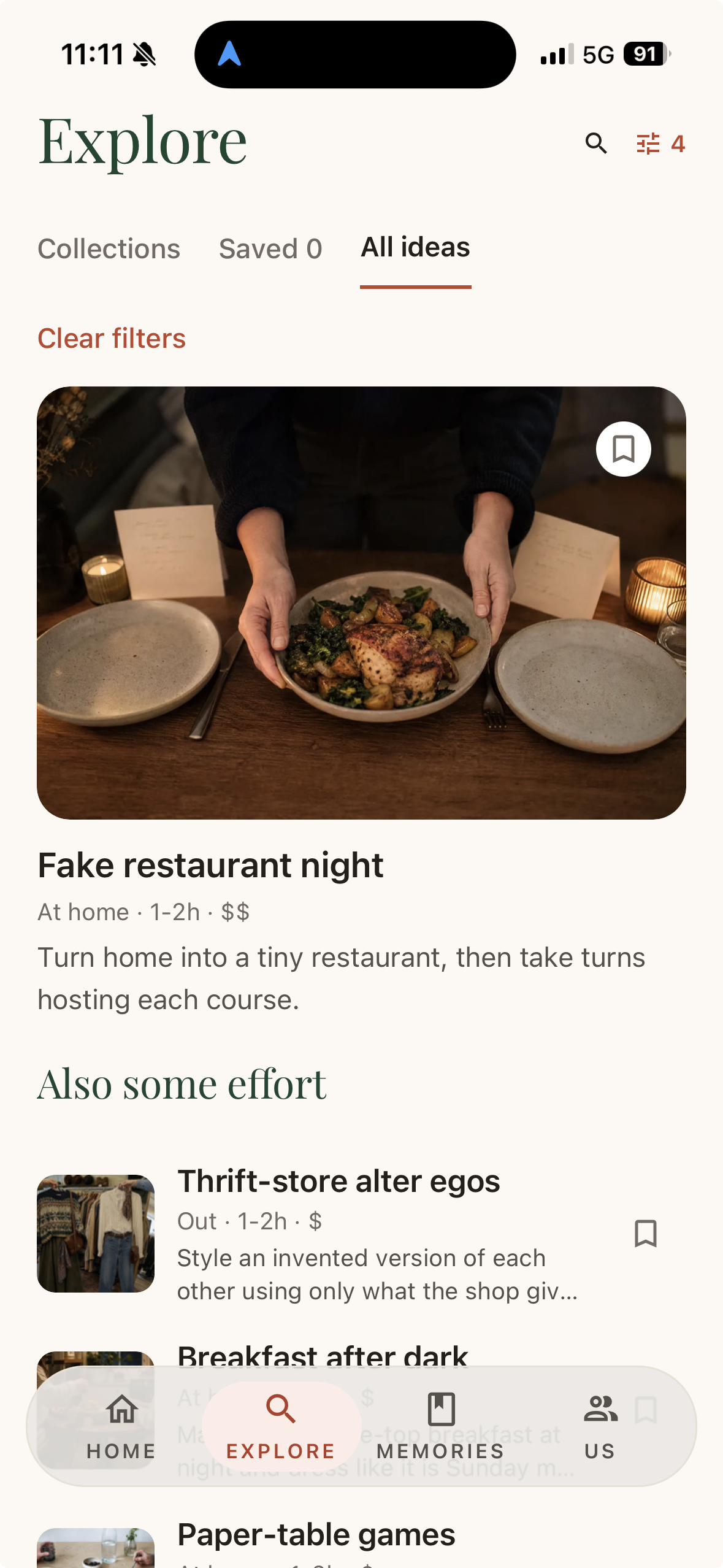 Togella Dates explore screen browsing date ideas filtered by energy, mood and budget