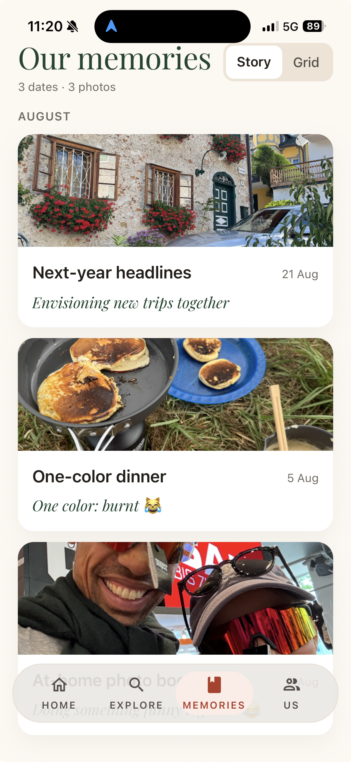 Togella Dates memories feed of past dates with photos and notes, grouped by month