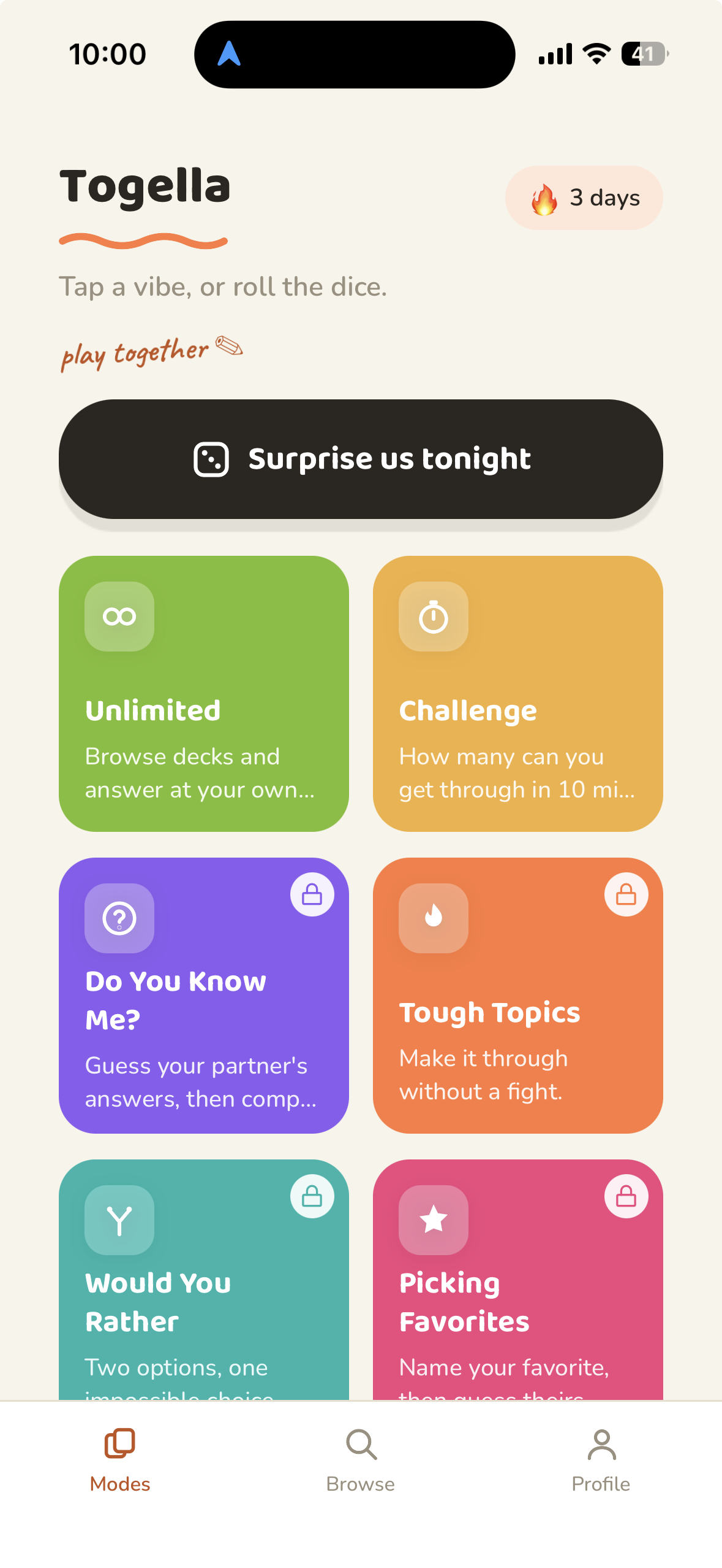 Togella modes home screen with a surprise button and a grid of game modes