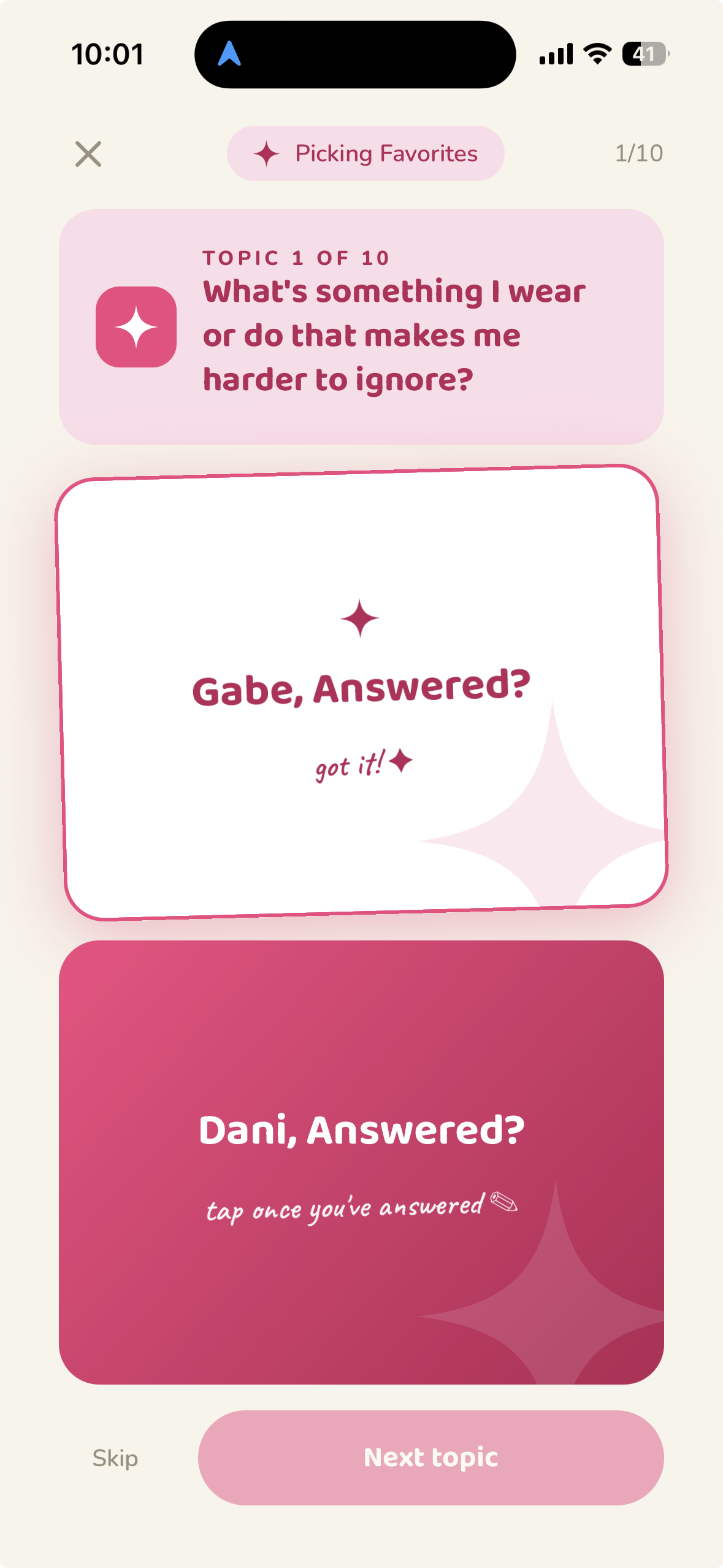 Togella Picking Favorites mode where each partner answers then reveals together