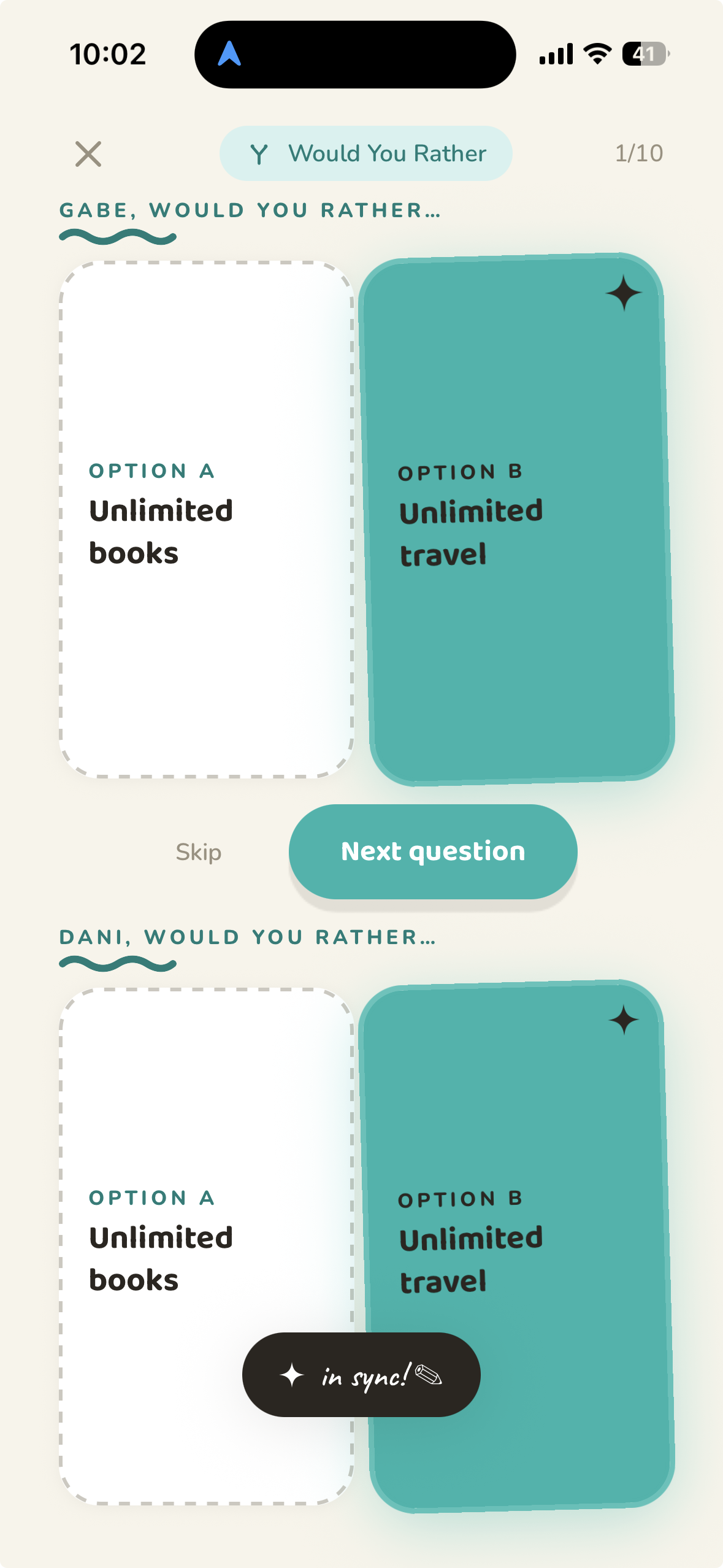 Togella Would You Rather mode with two option cards for each partner