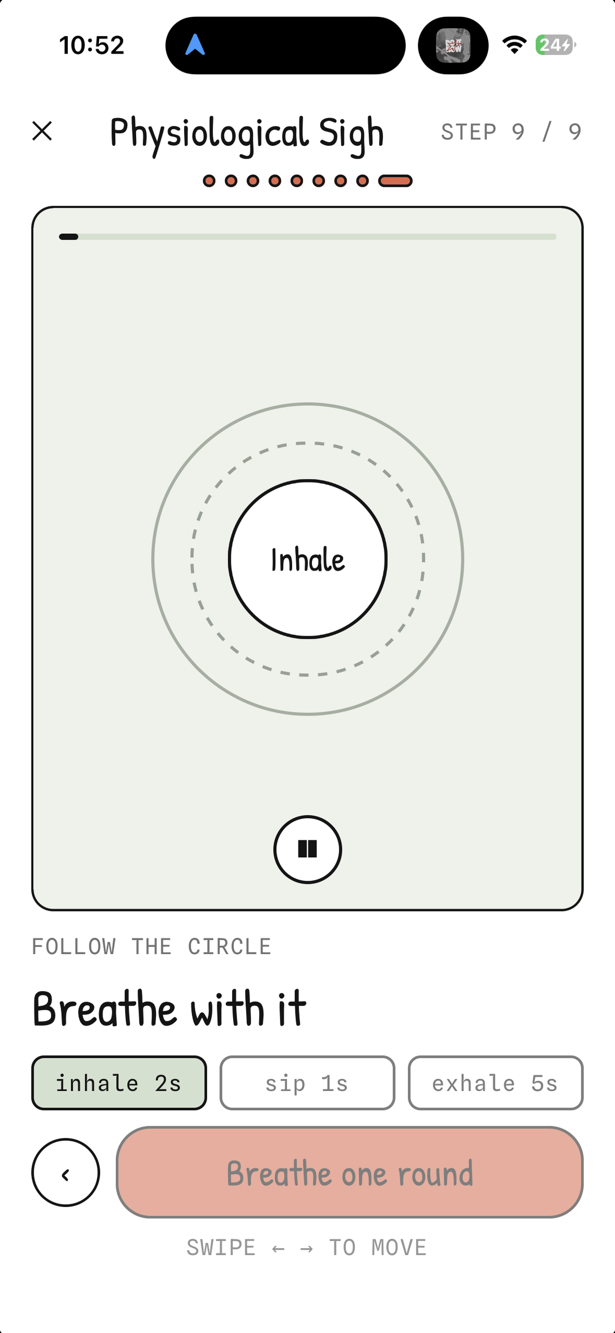 Trebit guided breathing player with an expanding circle and inhale pacing