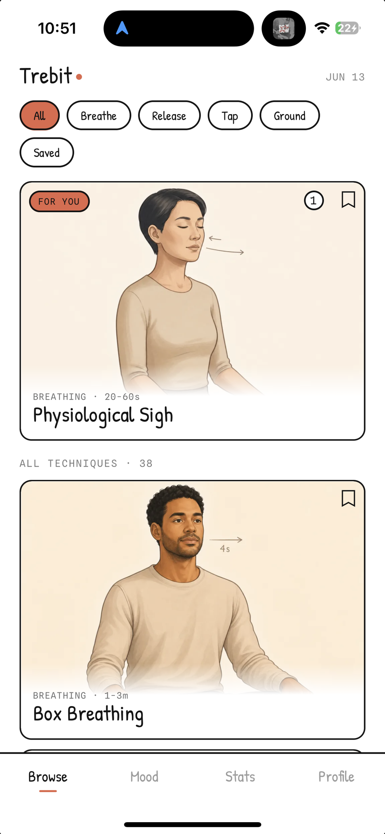 Trebit browse home screen with technique filters and a recommended breathing exercise