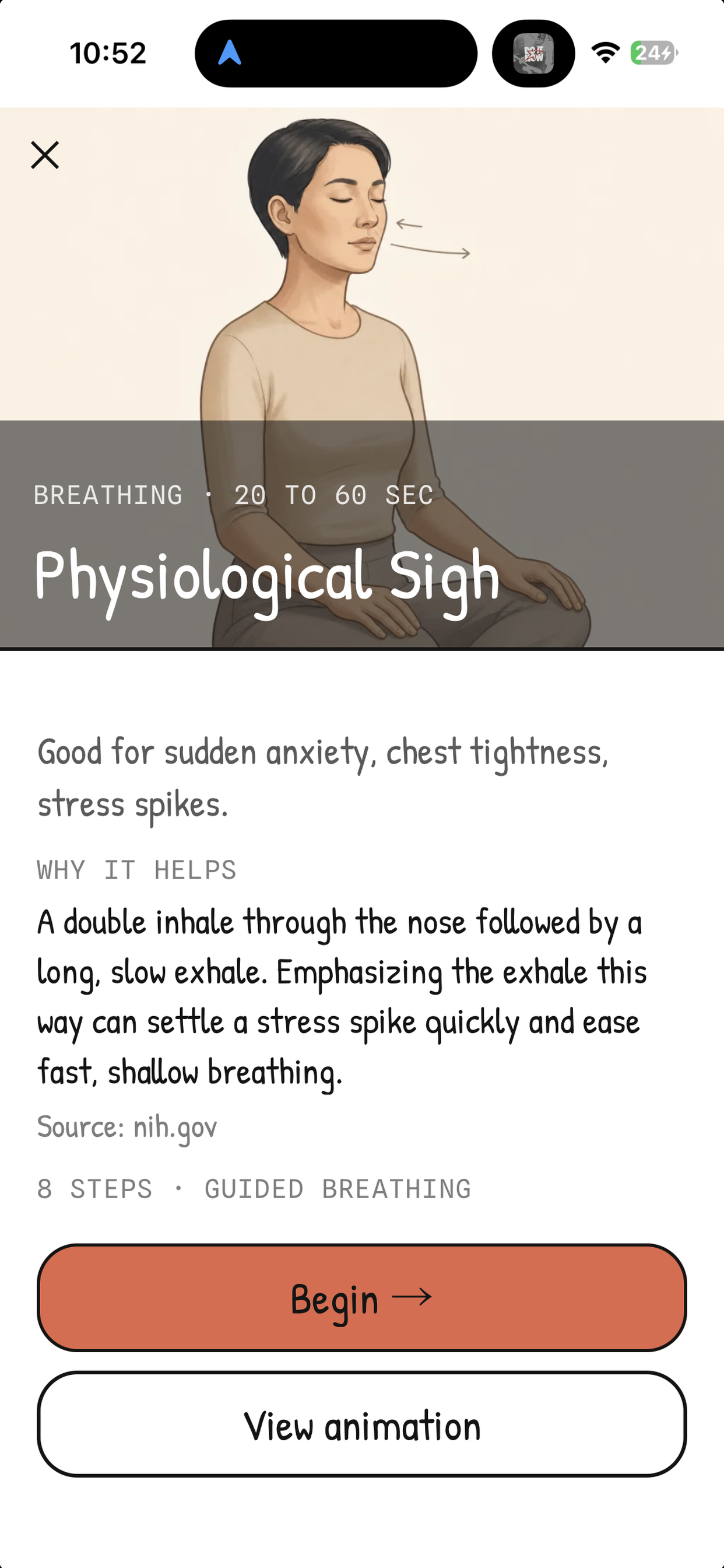 Trebit technique detail for the physiological sigh with guidance on why it helps