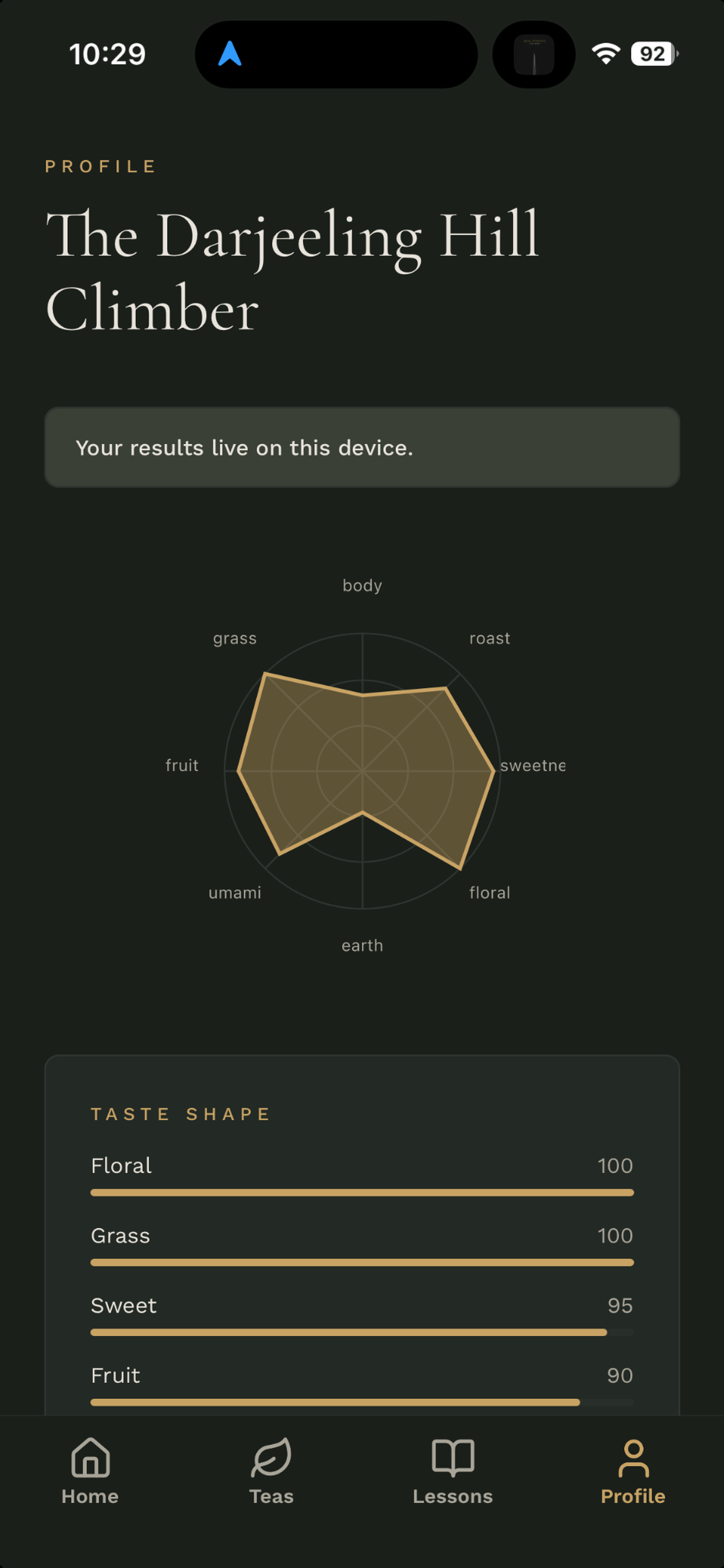 Yuno taste profile with a flavor radar chart and taste shape bars