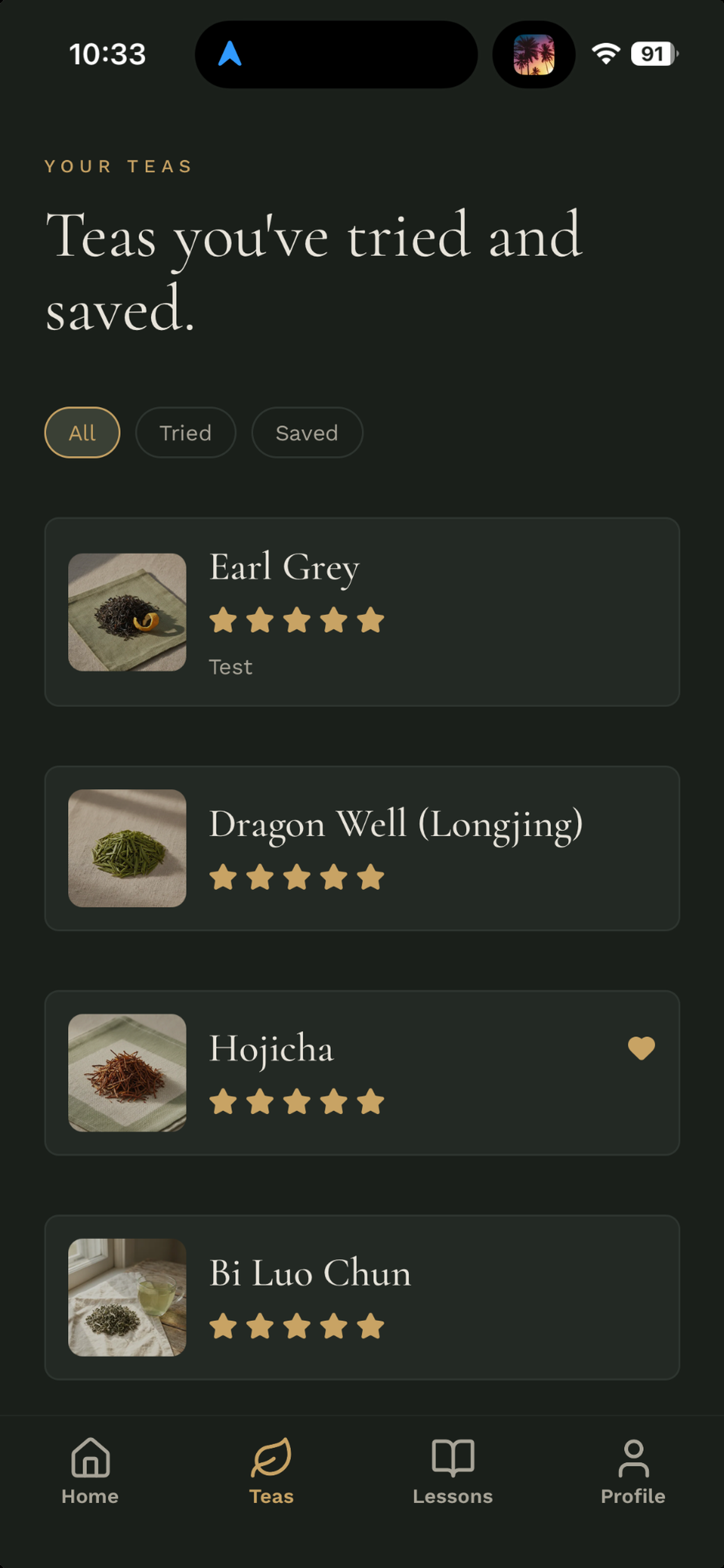 Yuno teas screen listing the teas you have tried and saved with star ratings