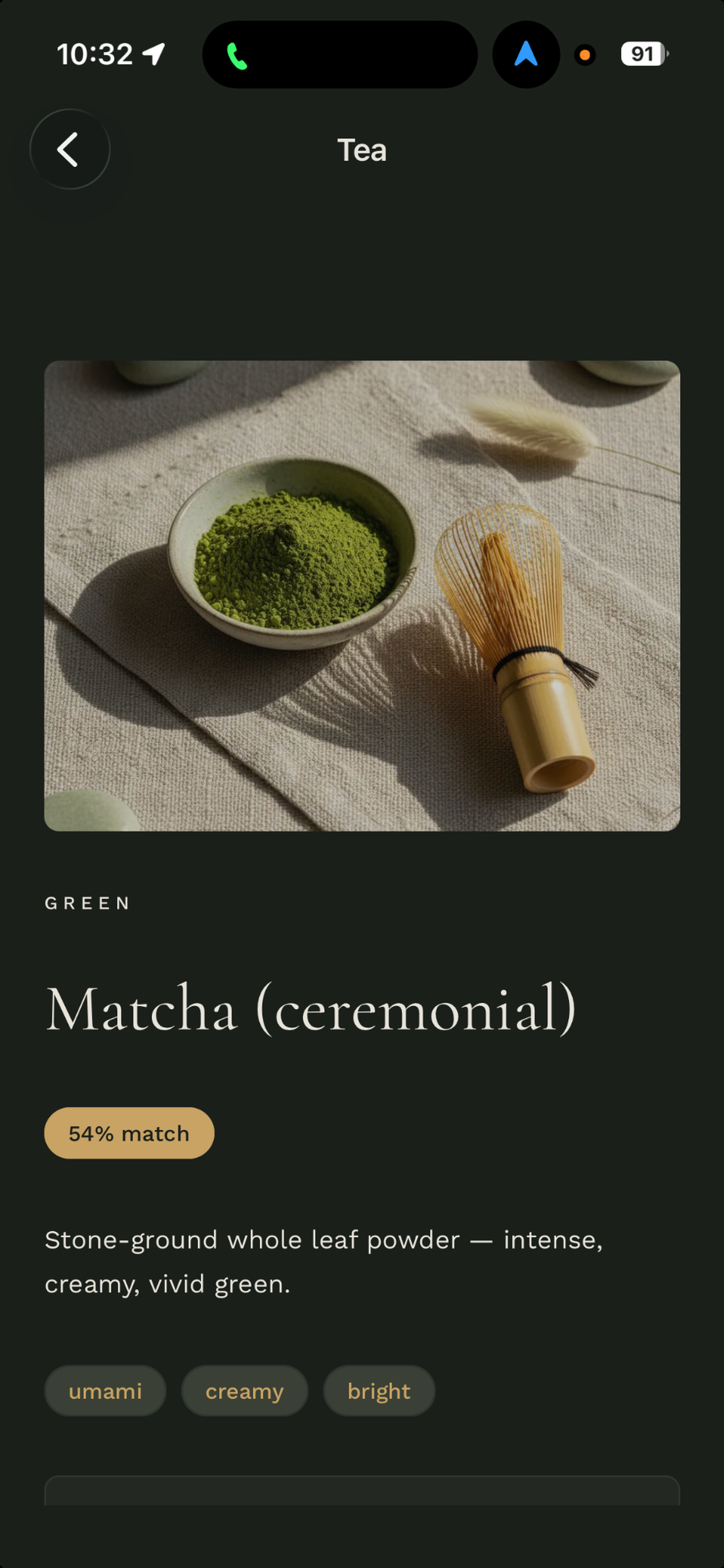 Yuno tea detail for ceremonial matcha with a match score and taste notes